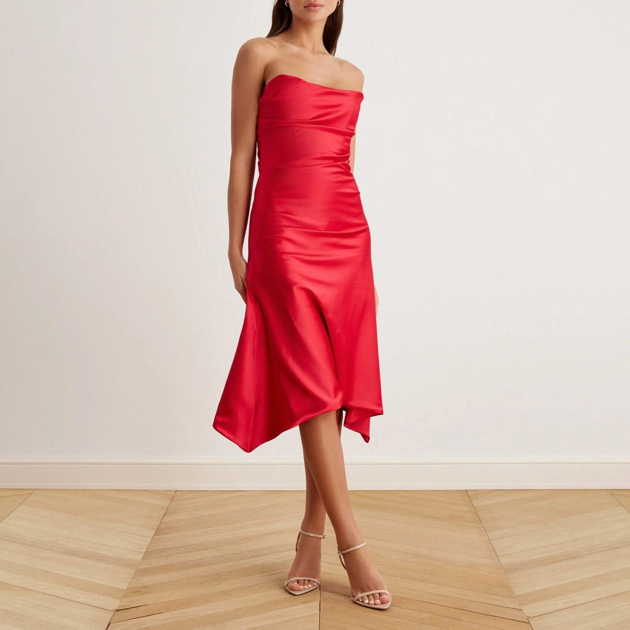 Satin Strapless Midi Dress