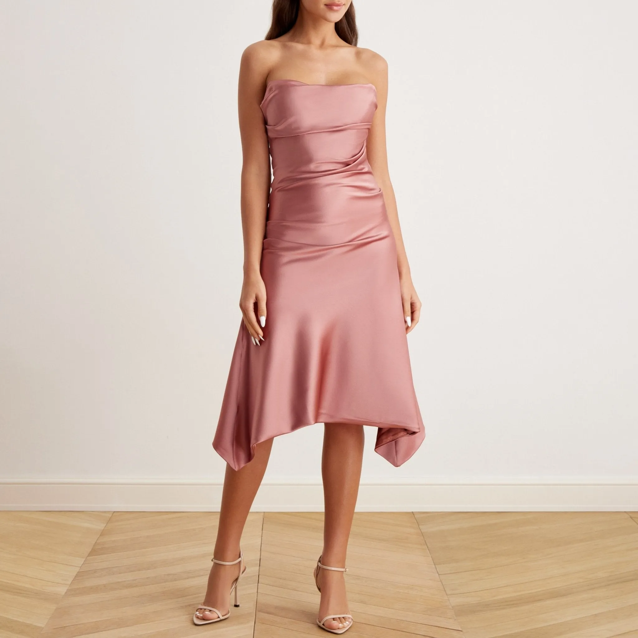 Satin Strapless Midi Dress