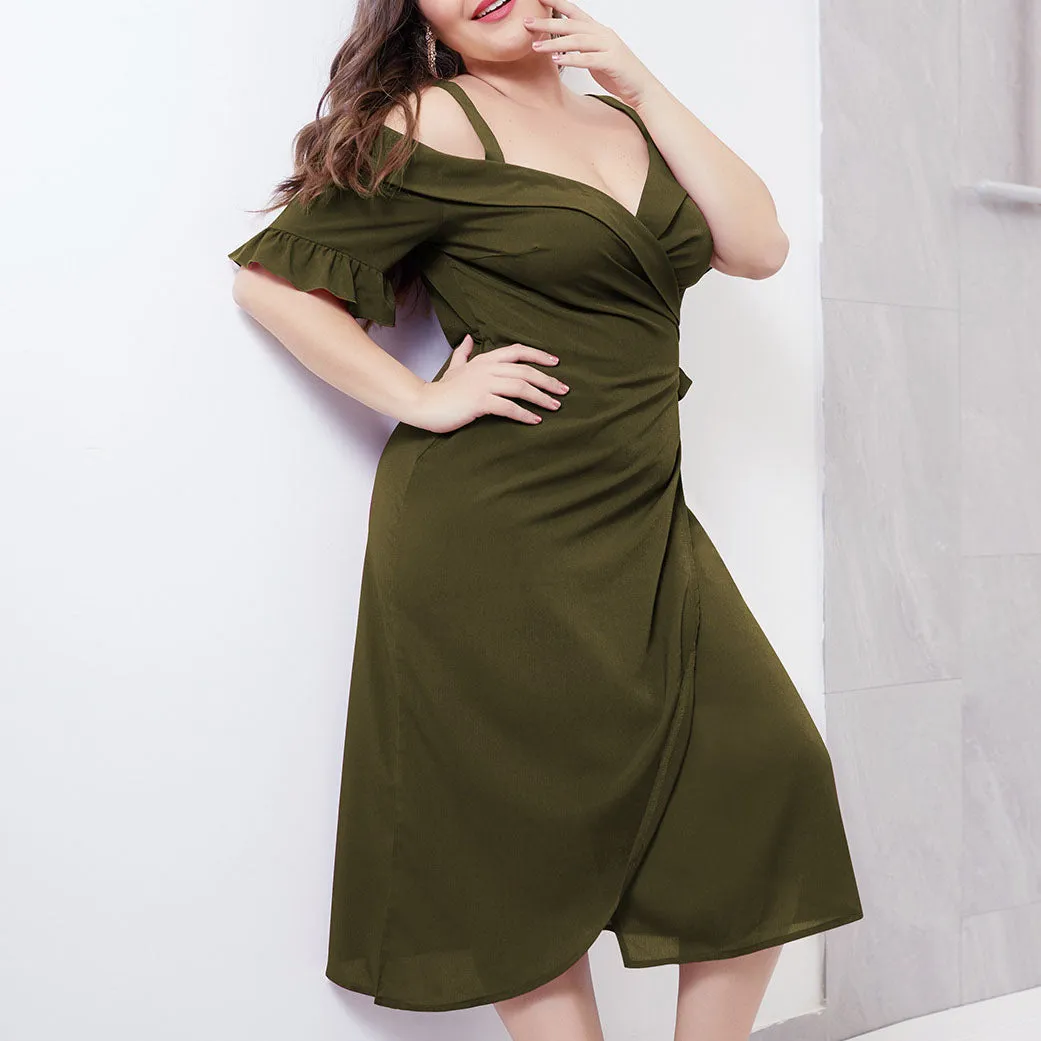 Sexy Cross Deep V Strap Short Sleeve Tie Waist Large Size Women's Dress