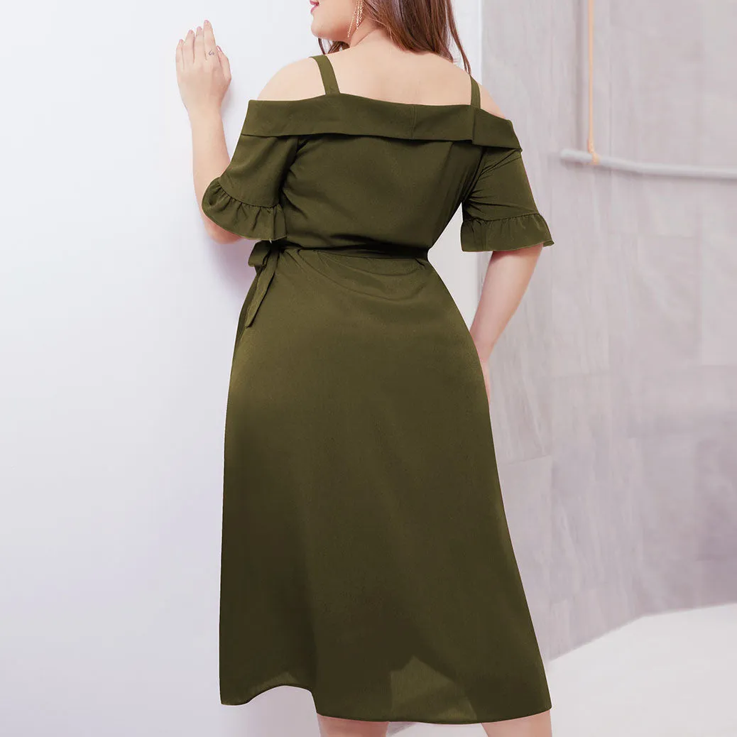 Sexy Cross Deep V Strap Short Sleeve Tie Waist Large Size Women's Dress