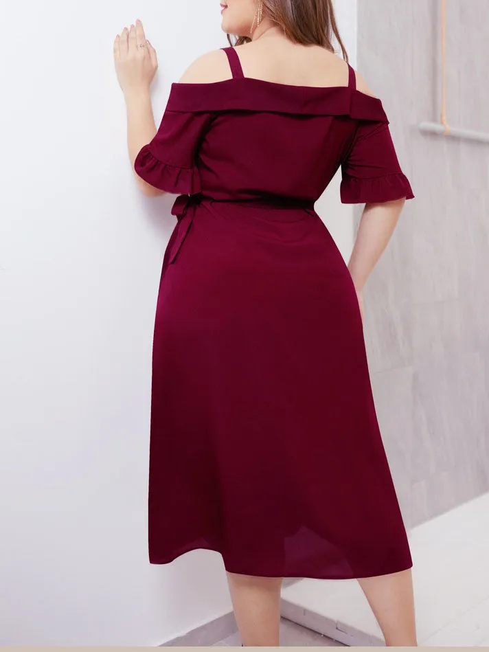 Sexy Cross Deep V Strap Short Sleeve Tie Waist Large Size Women's Dress