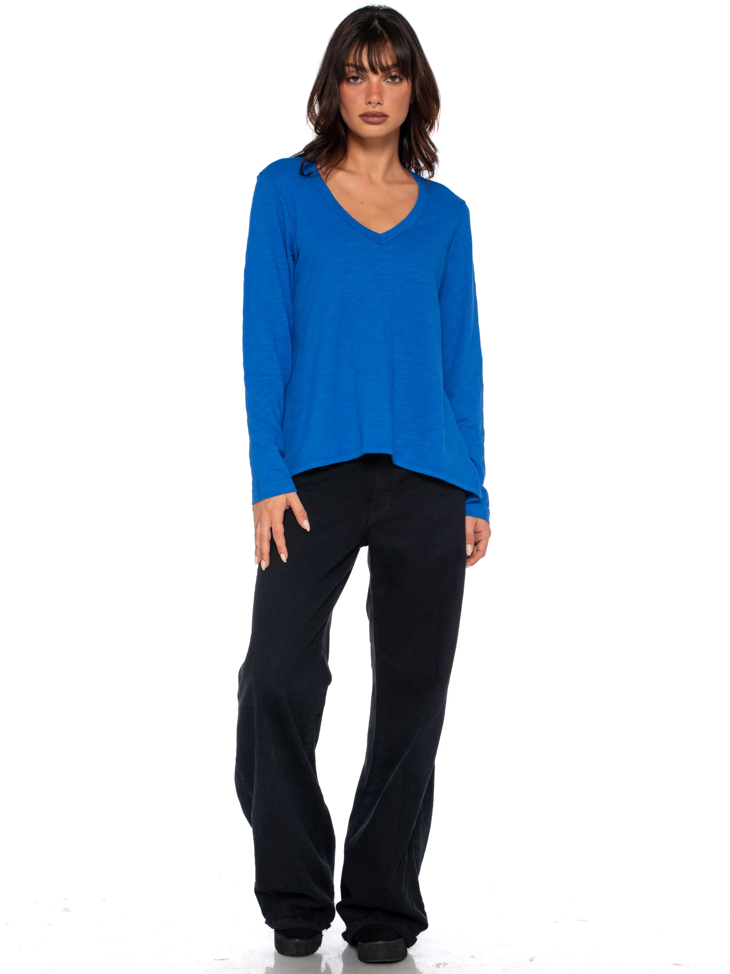 Sexy Deep V-Neck Shrunken Boyfriend Long Sleeve Top