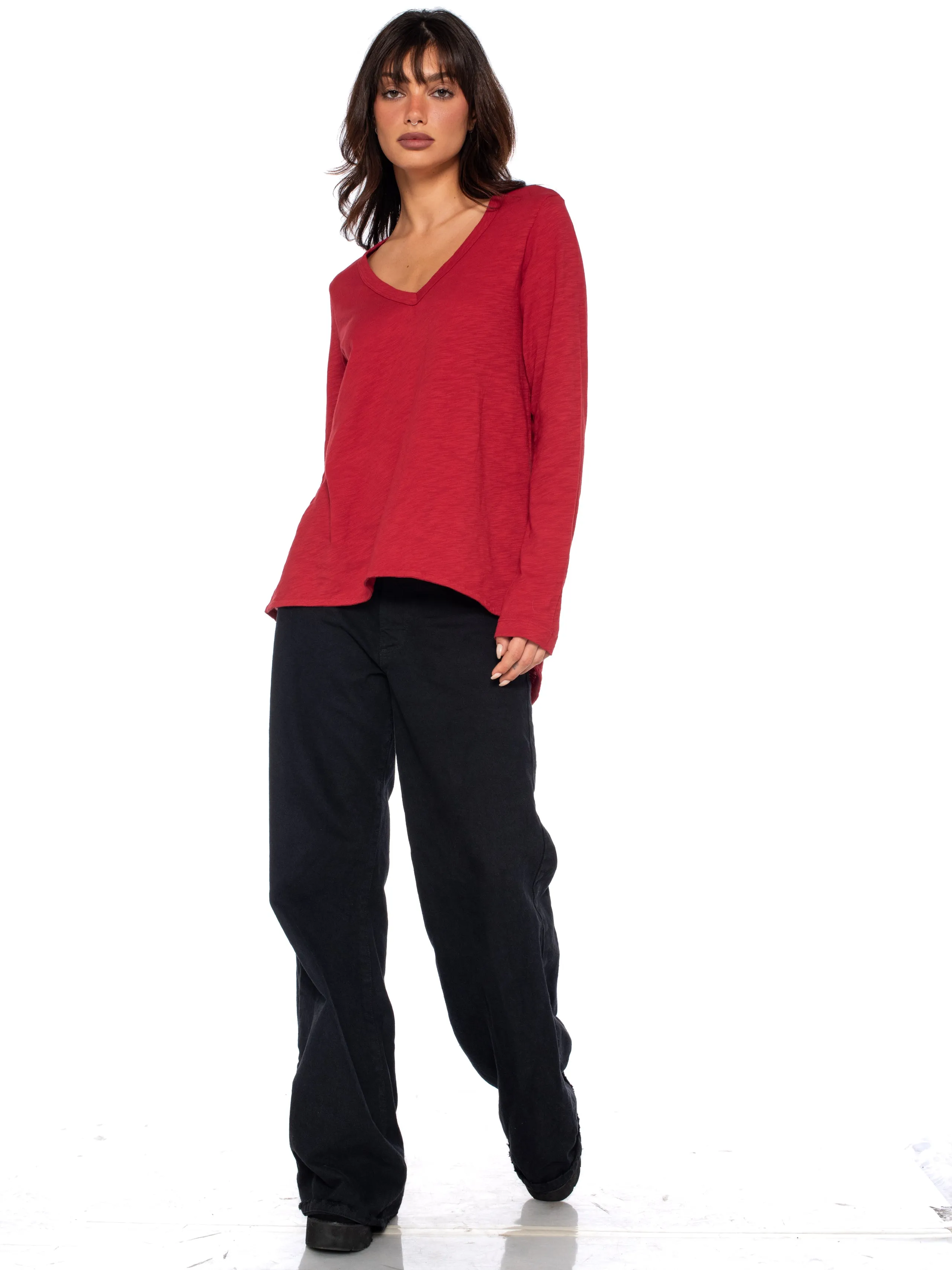 Sexy Deep V-Neck Shrunken Boyfriend Long Sleeve Top