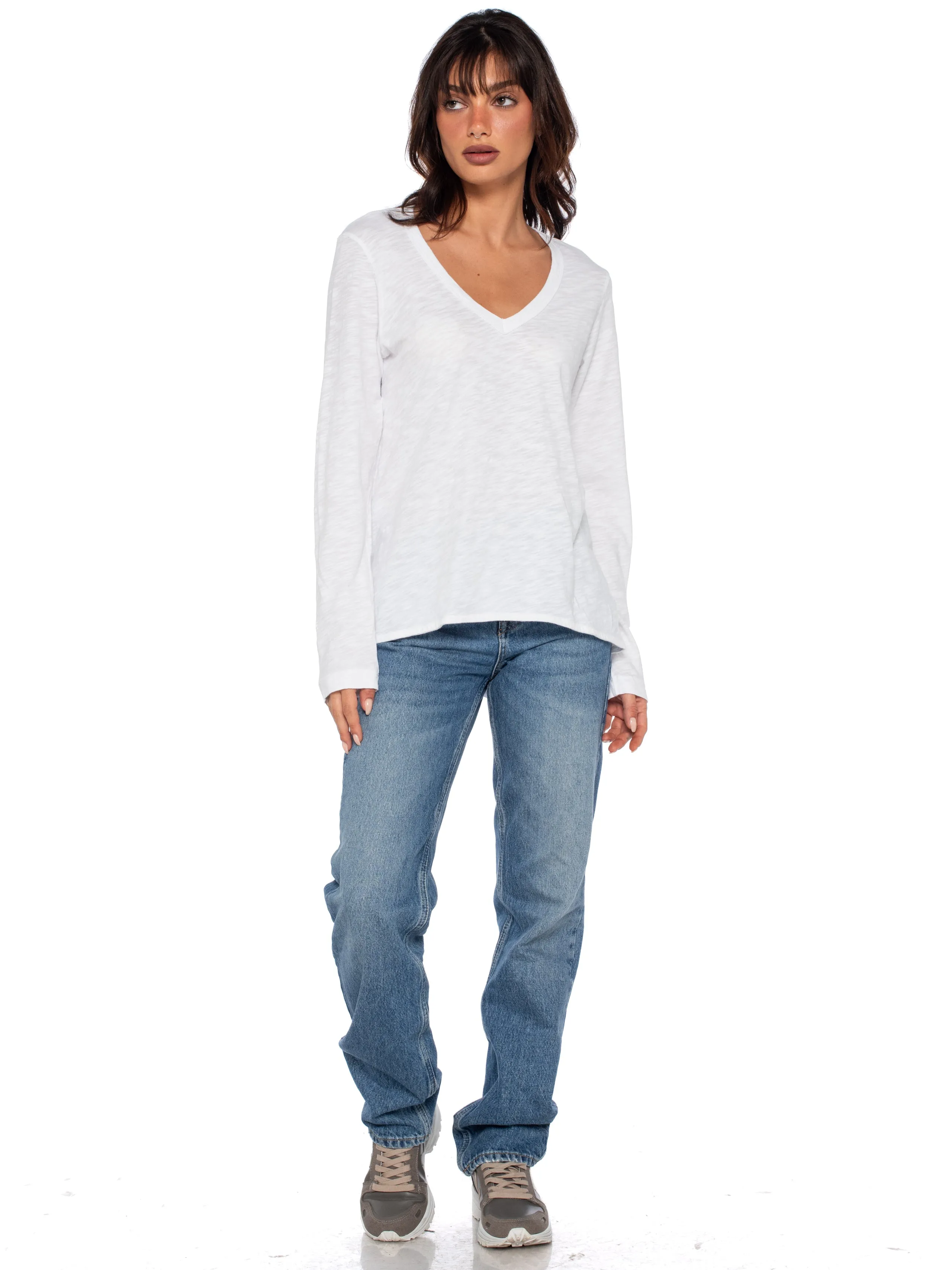 Sexy Deep V-Neck Shrunken Boyfriend Long Sleeve Top