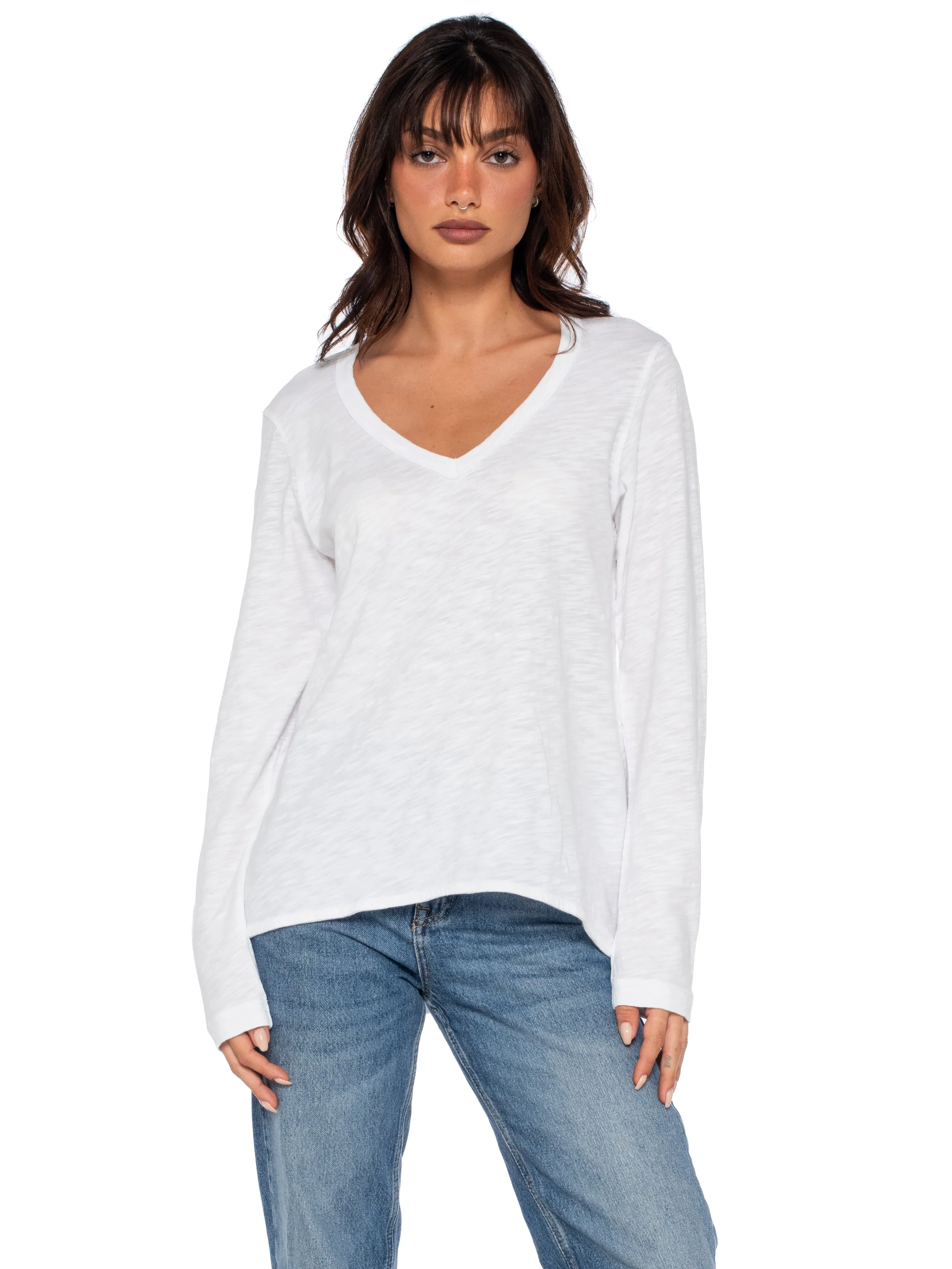 Sexy Deep V-Neck Shrunken Boyfriend Long Sleeve Top