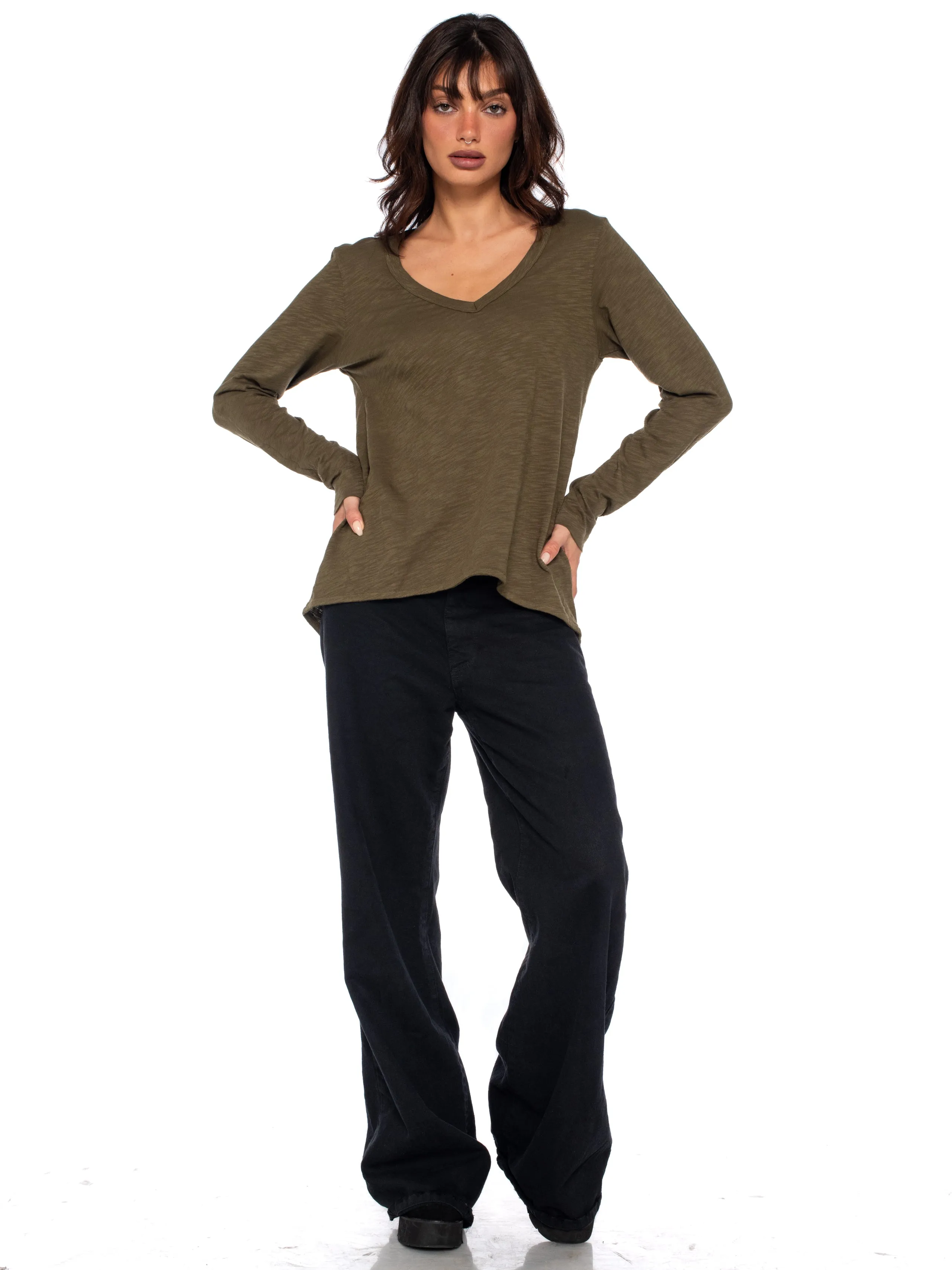 Sexy Deep V-Neck Shrunken Boyfriend Long Sleeve Top