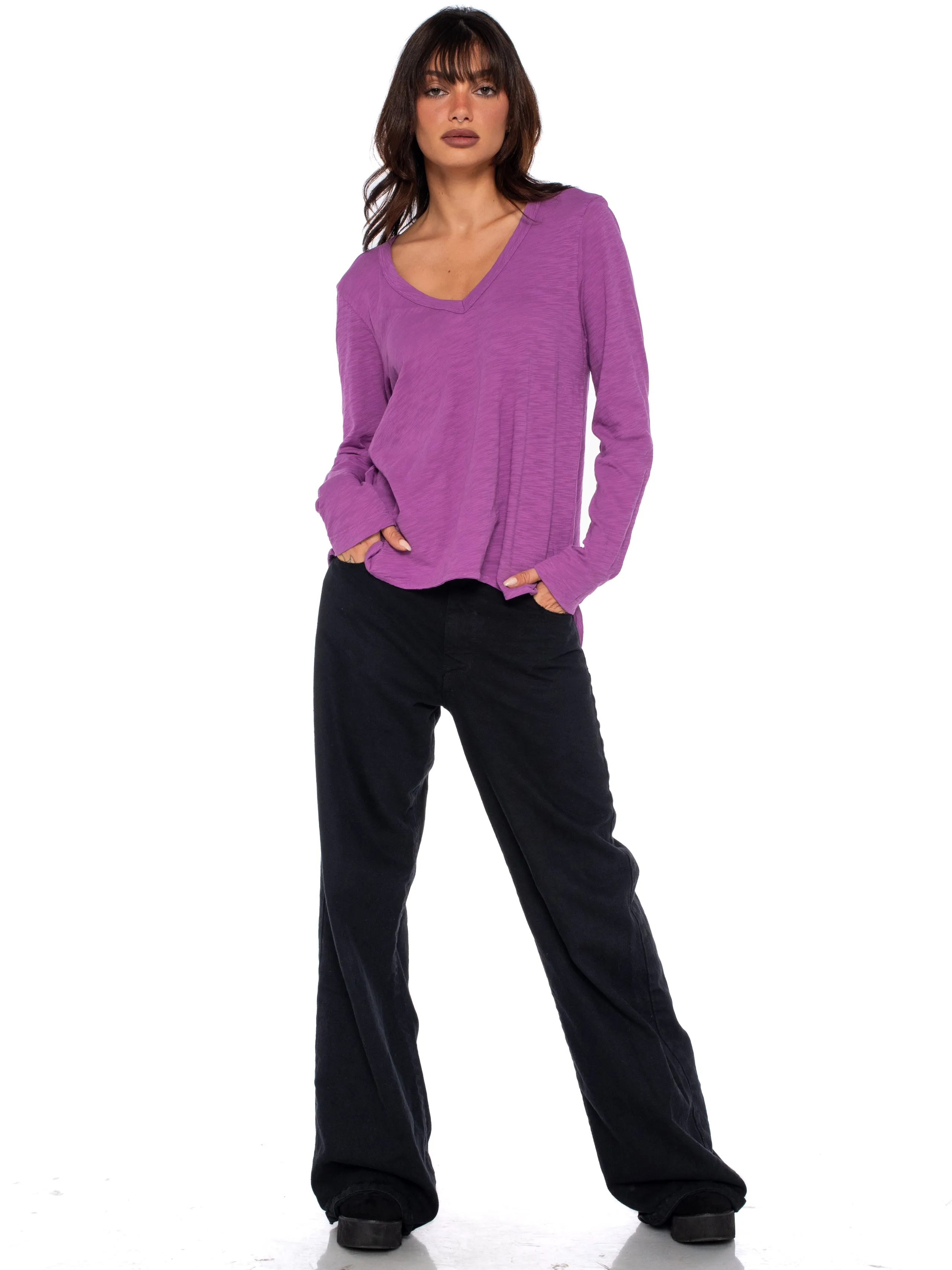 Sexy Deep V-Neck Shrunken Boyfriend Long Sleeve Top