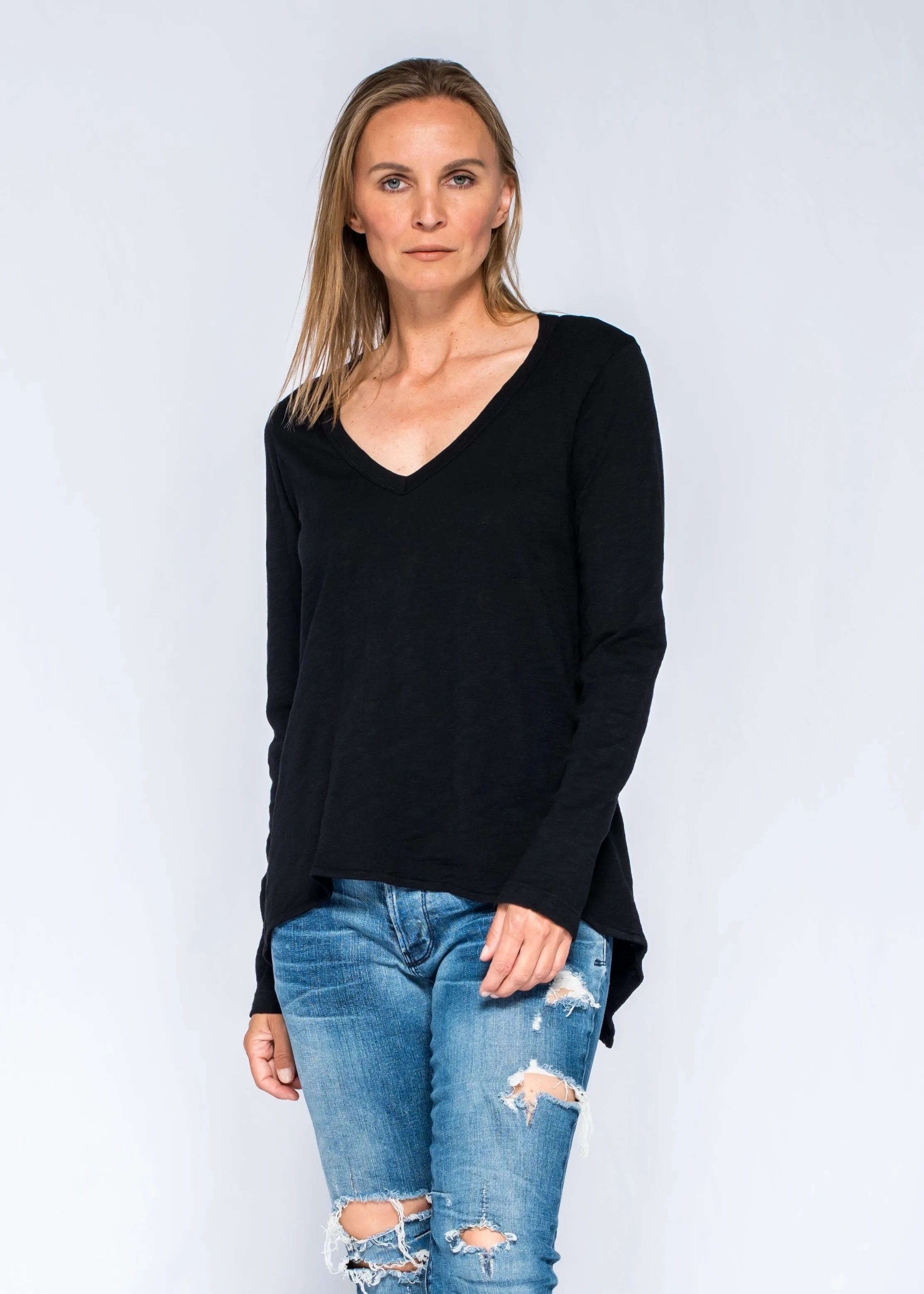 Sexy Deep V-Neck Shrunken Boyfriend Long Sleeve Top