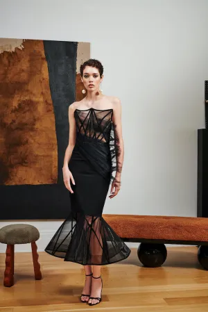Sheer Corset Bodice Midi Flare Hem Dress
