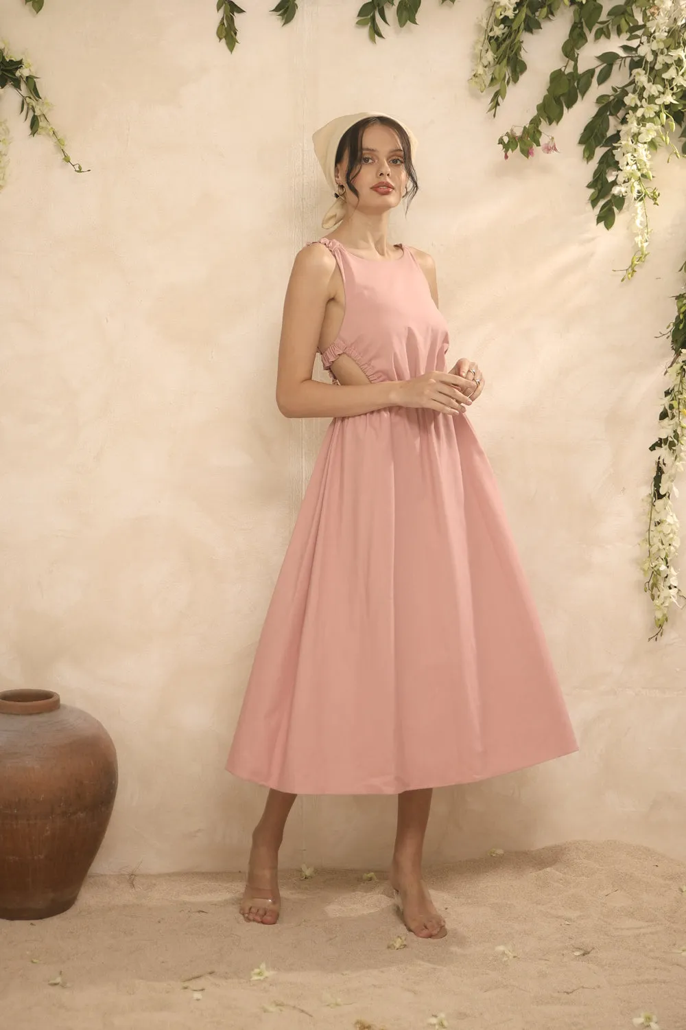 SIERRA Gartered Backless Midi Dress (Pink Linen)