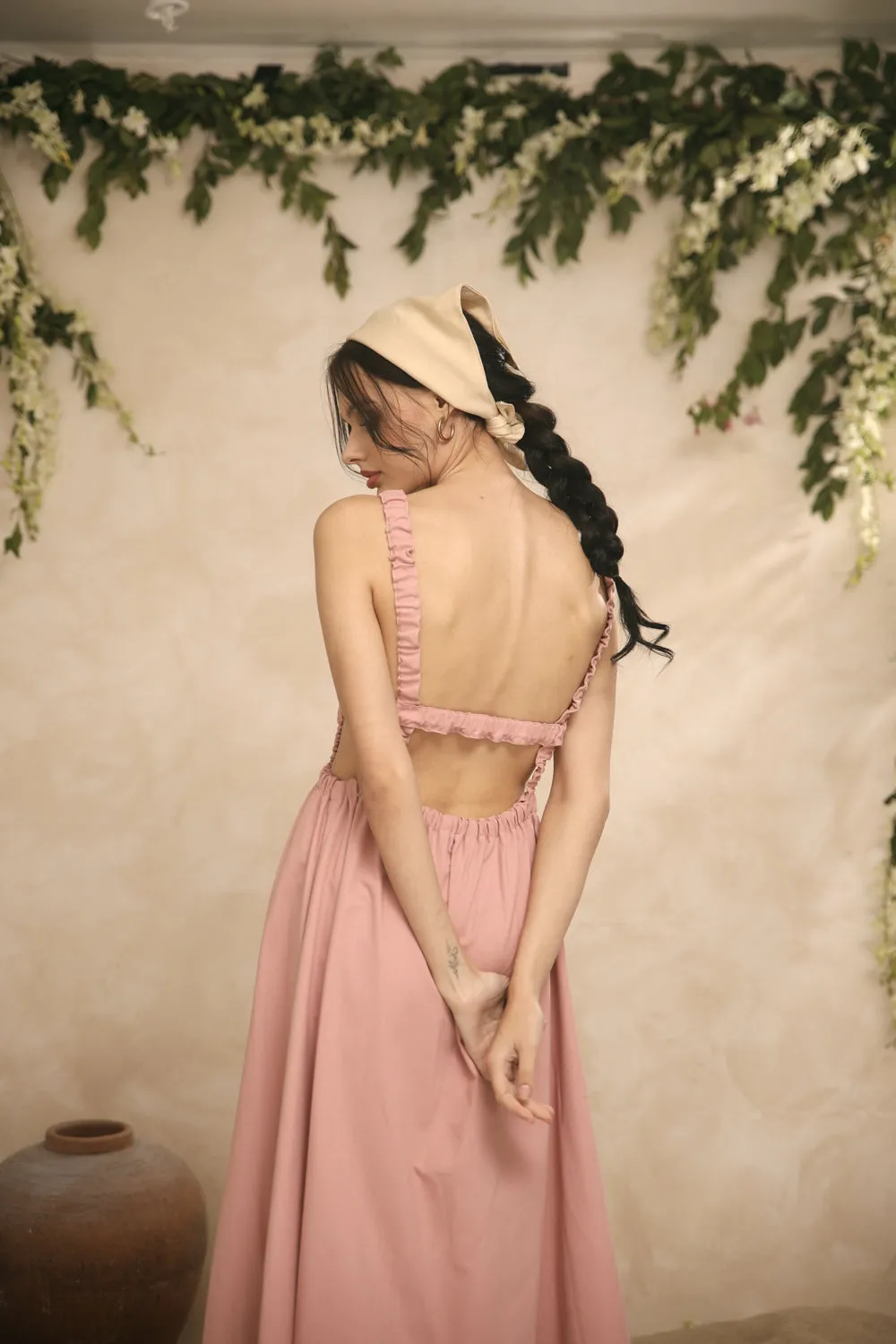 SIERRA Gartered Backless Midi Dress (Pink Linen)