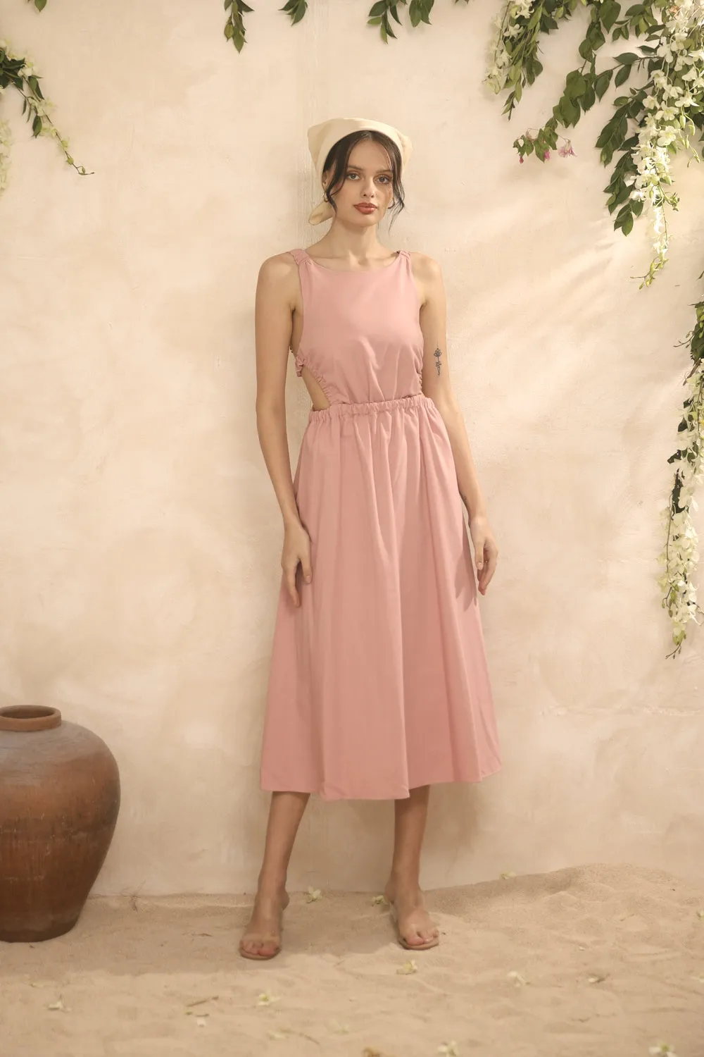SIERRA Gartered Backless Midi Dress (Pink Linen)