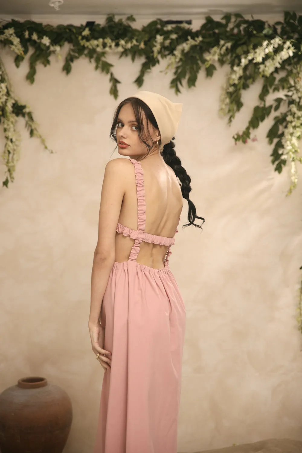 SIERRA Gartered Backless Midi Dress (Pink Linen)