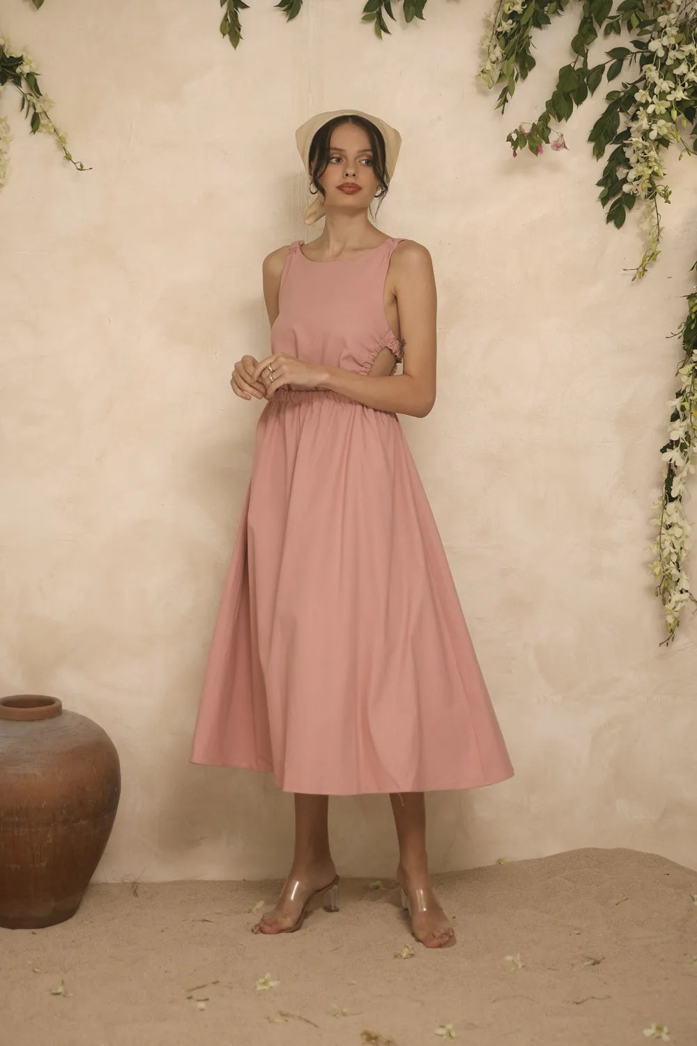 SIERRA Gartered Backless Midi Dress (Pink Linen)