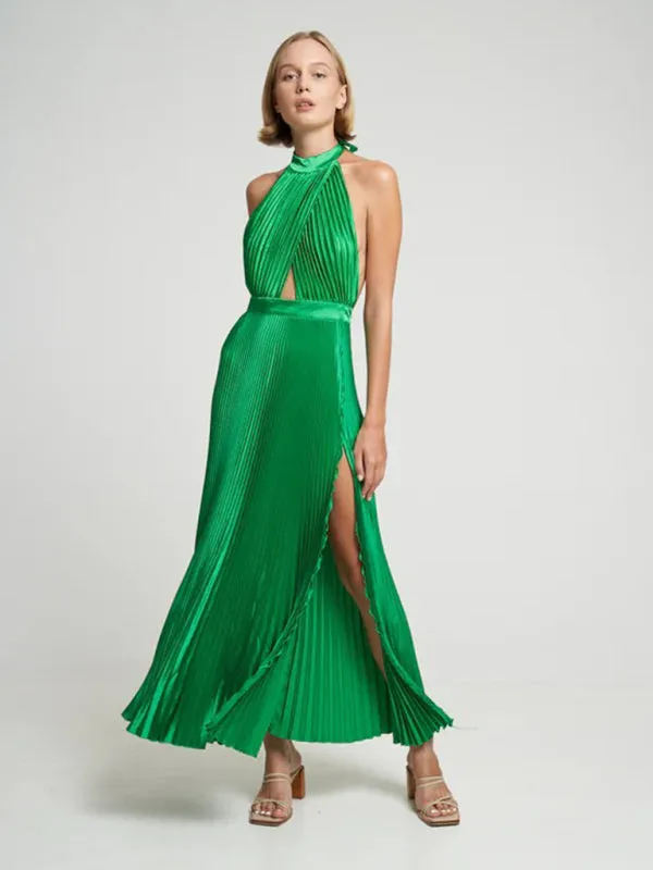 Sleeveless halterneck lace-up slim fit pleated dress