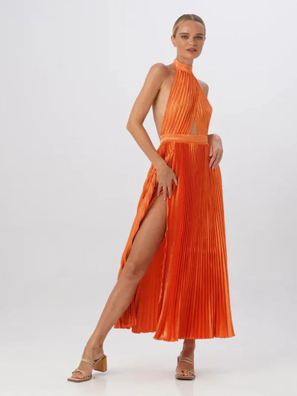 Sleeveless halterneck lace-up slim fit pleated dress