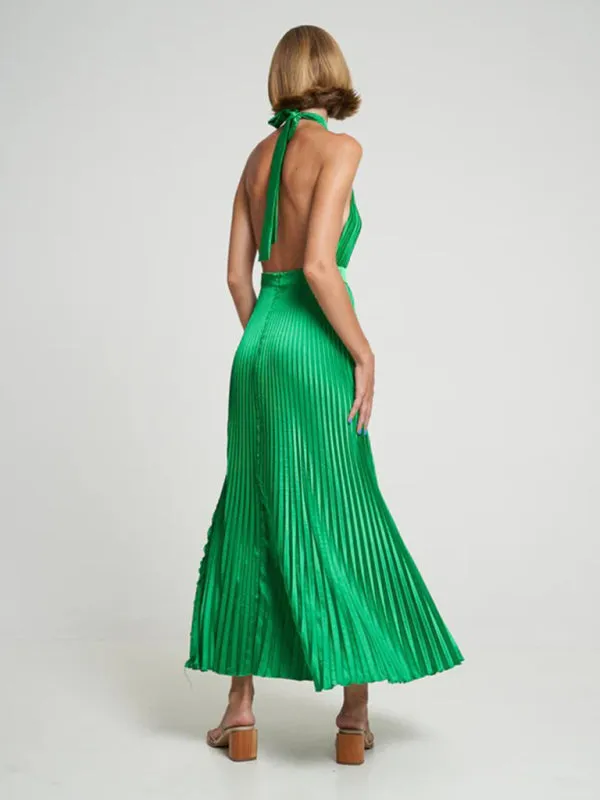 Sleeveless halterneck lace-up slim fit pleated dress