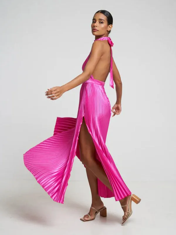 Sleeveless halterneck lace-up slim fit pleated dress