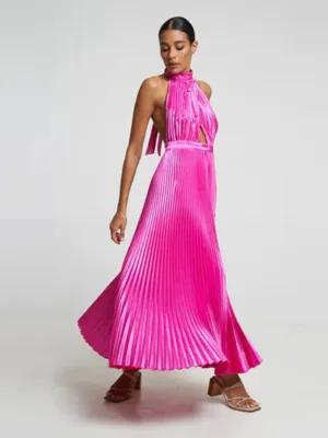 Sleeveless halterneck lace-up slim fit pleated dress