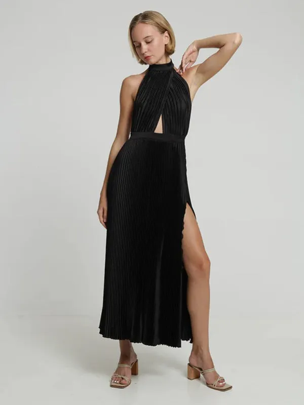 Sleeveless halterneck lace-up slim fit pleated dress