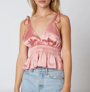 Sleeveless Satin Tie Peplum Top