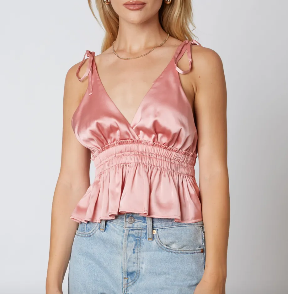 Sleeveless Satin Tie Peplum Top