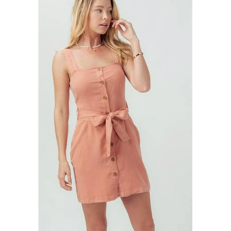 Smocked button through bow tie belted dress