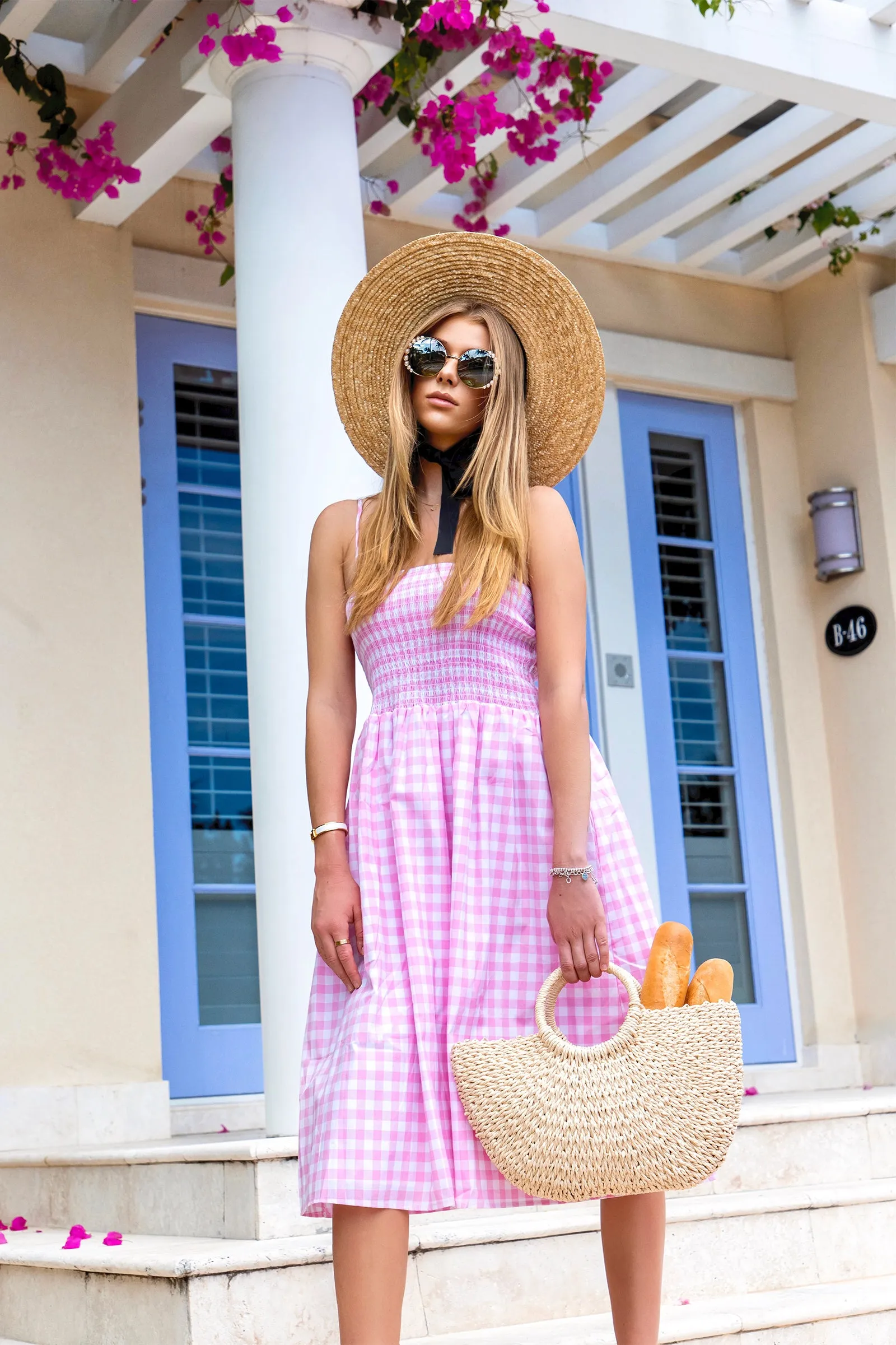 Smocked Gingham Midi Dress