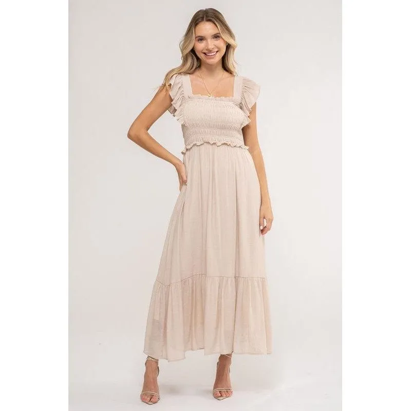 Smocked Ruffle Sleeve Midi Dress