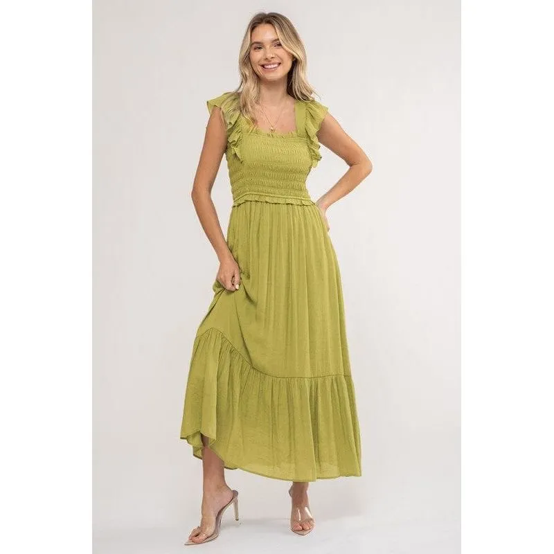 Smocked Ruffle Sleeve Midi Dress