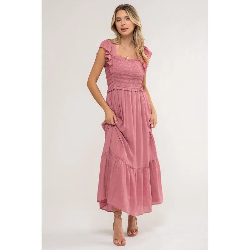 Smocked Ruffle Sleeve Midi Dress