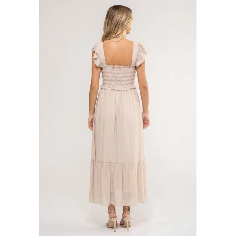 Smocked Ruffle Sleeve Midi Dress