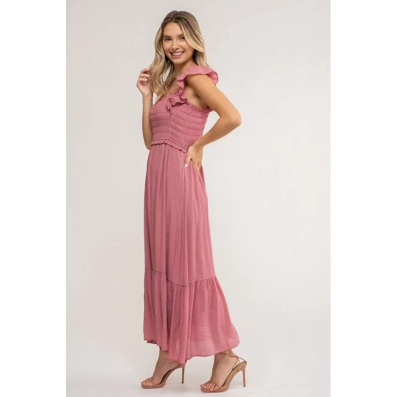 Smocked Ruffle Sleeve Midi Dress