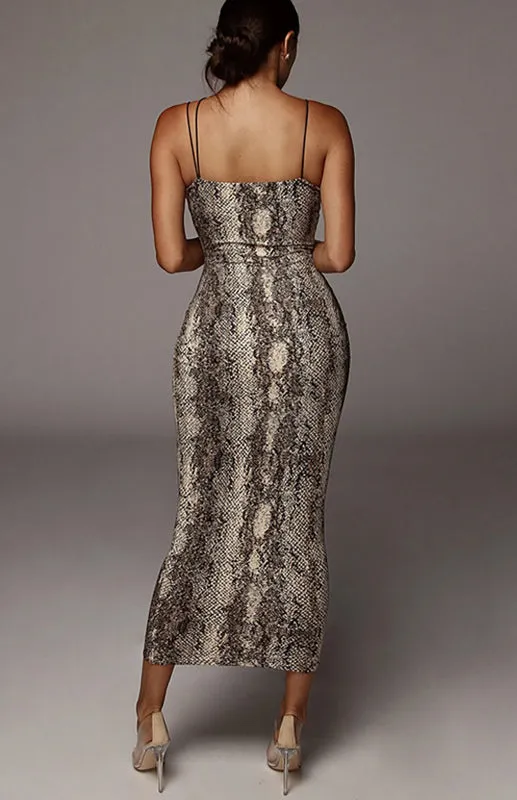 Snake / Leopard Print Bodycon Midi Dress with Sleeveless V-Neck