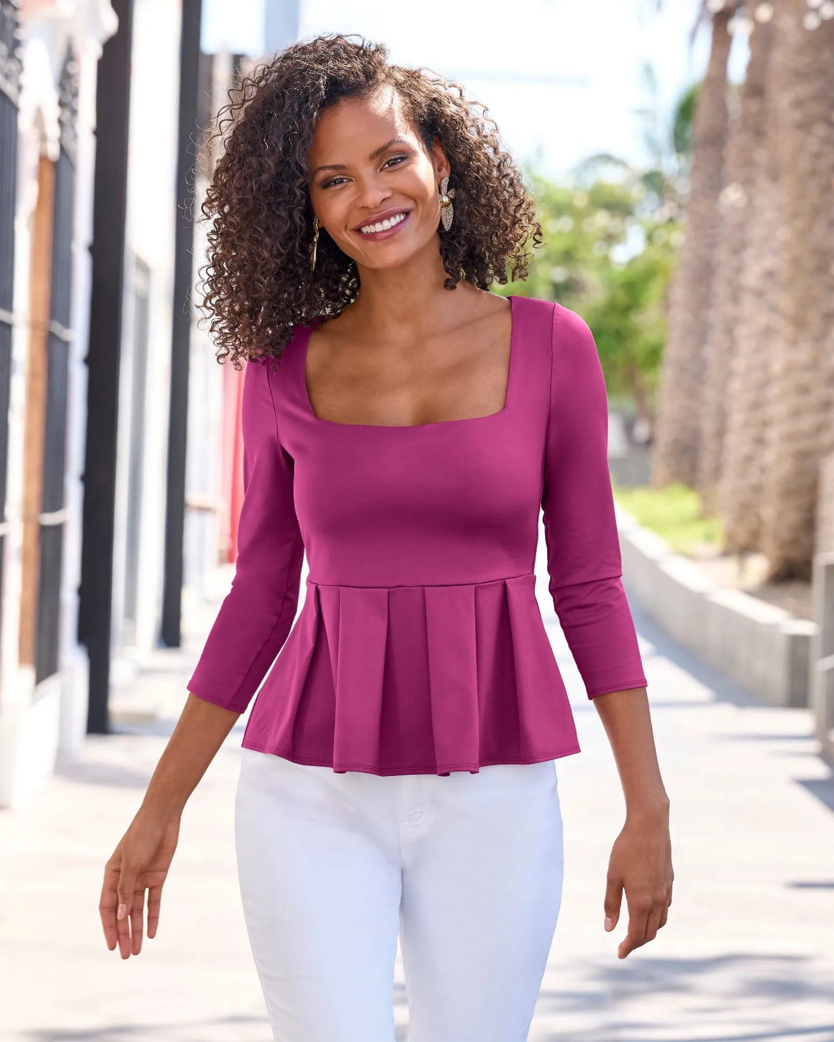 So Modern Peplum Pleated Knit Top Festival Fuchsia