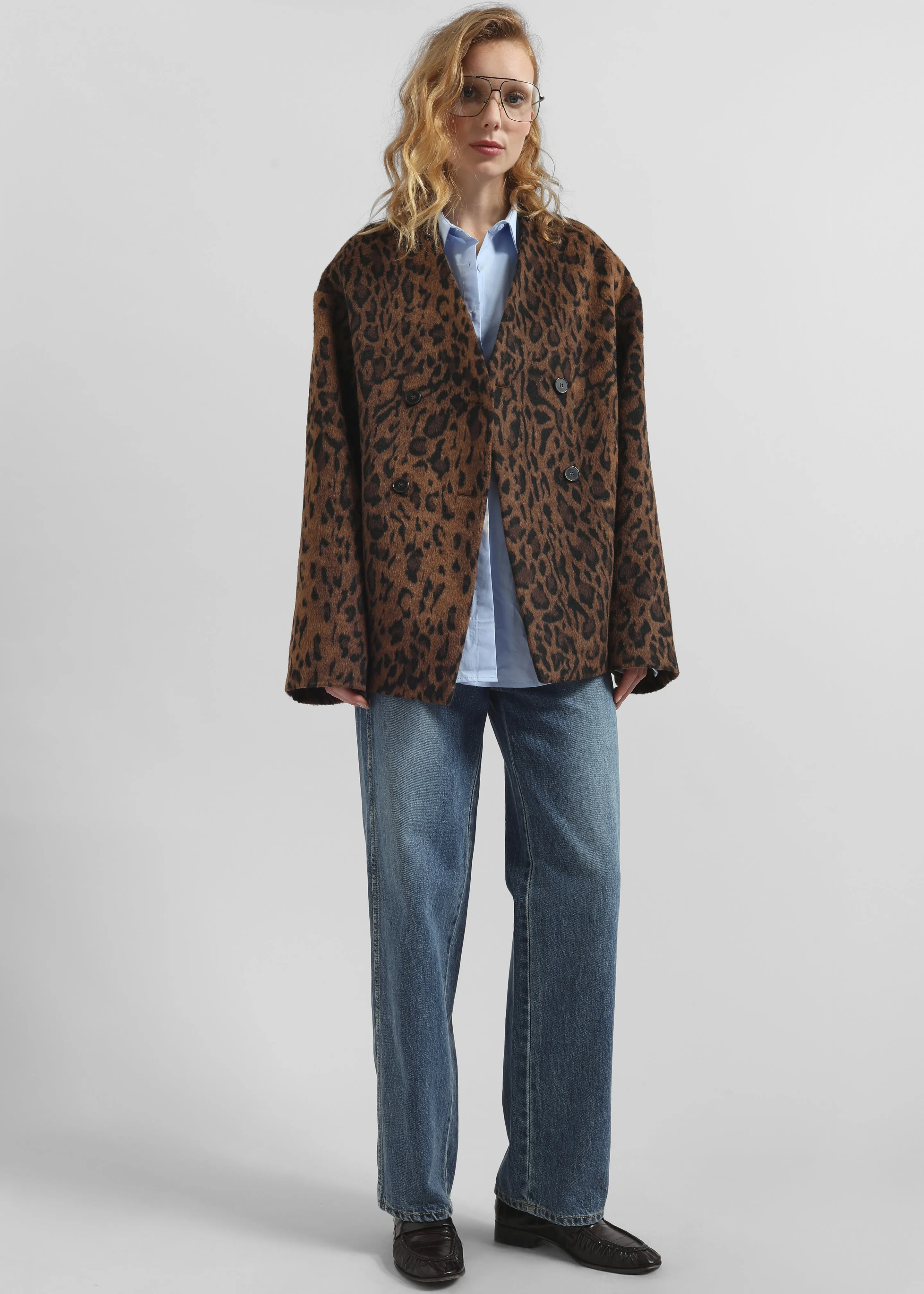 Sopel Leopard Print Collarless Blazer - Brown