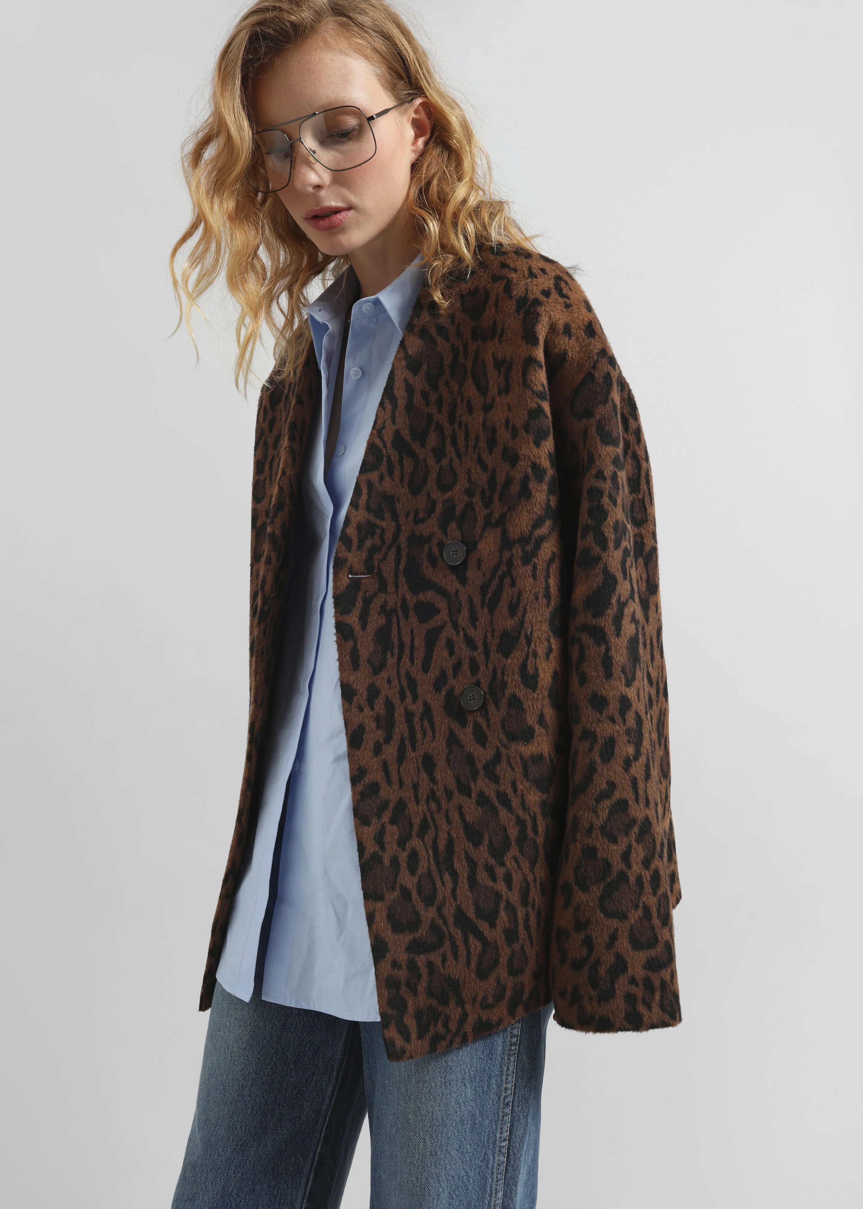 Sopel Leopard Print Collarless Blazer - Brown