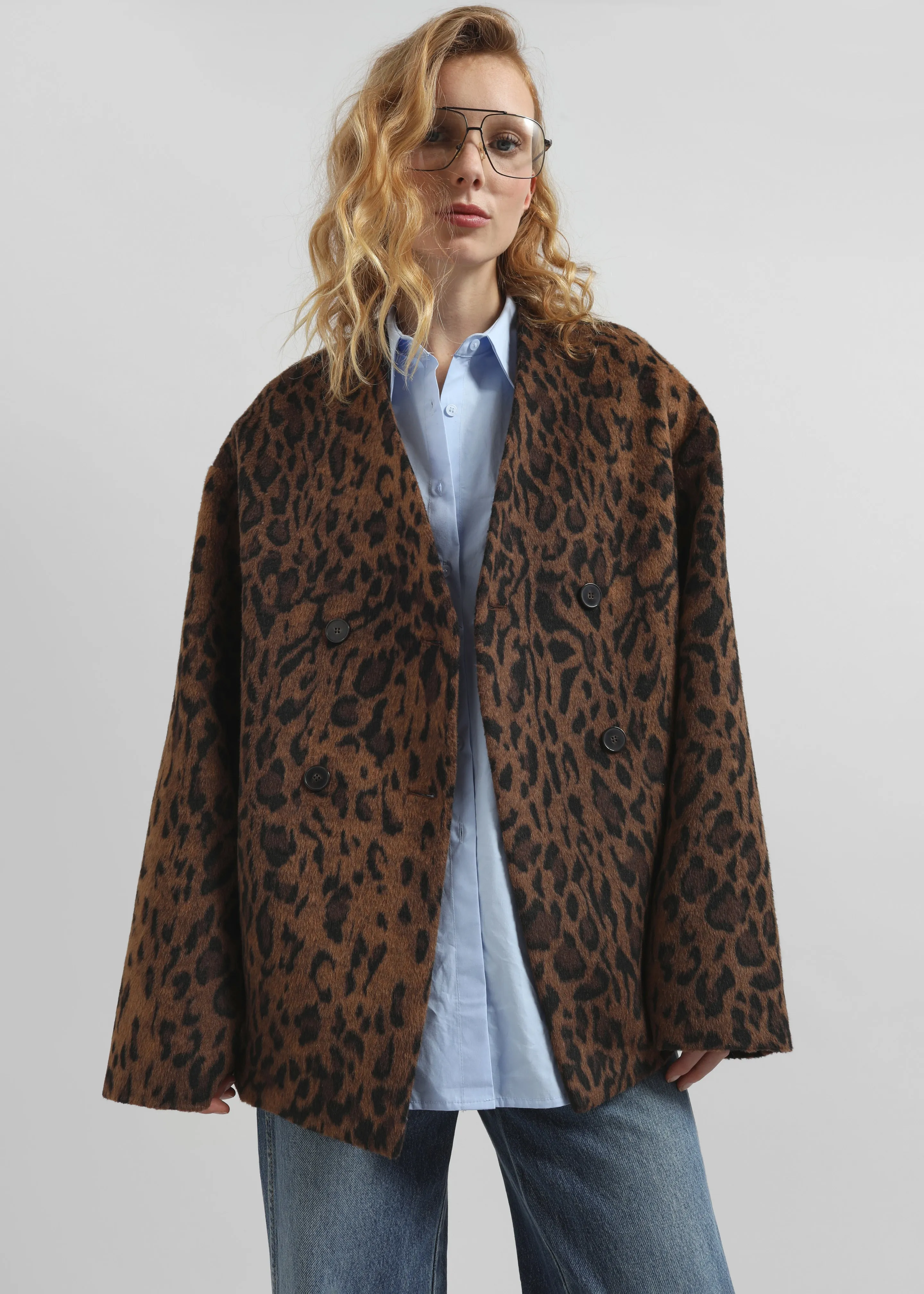 Sopel Leopard Print Collarless Blazer - Brown