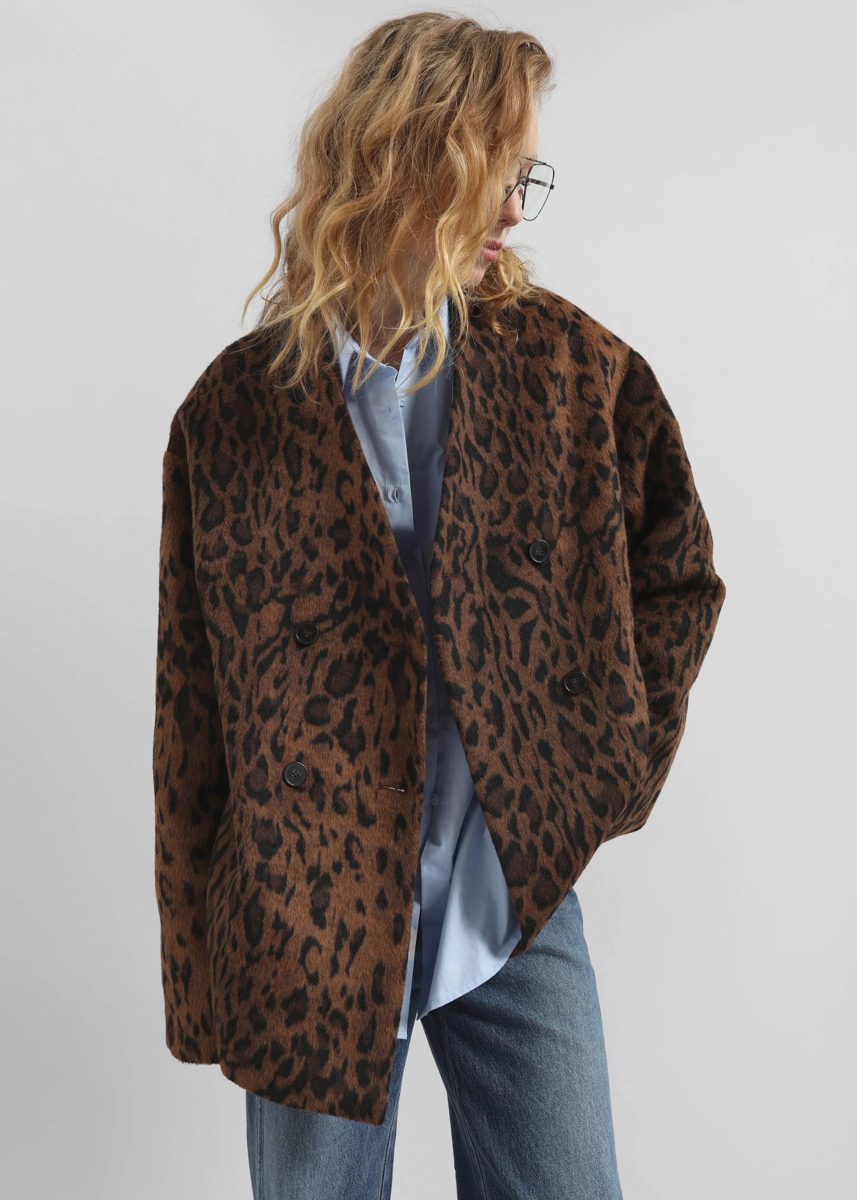 Sopel Leopard Print Collarless Blazer - Brown