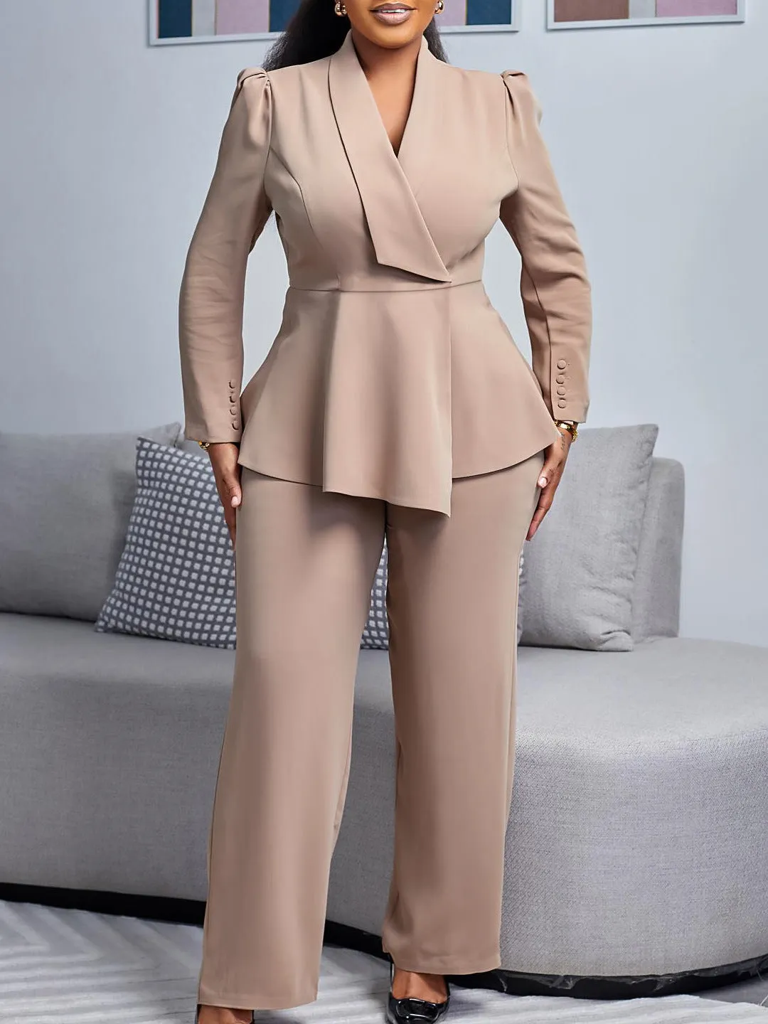 Sophisticated Peplum Blazer and Wide-Leg Pants Two-Piece Set