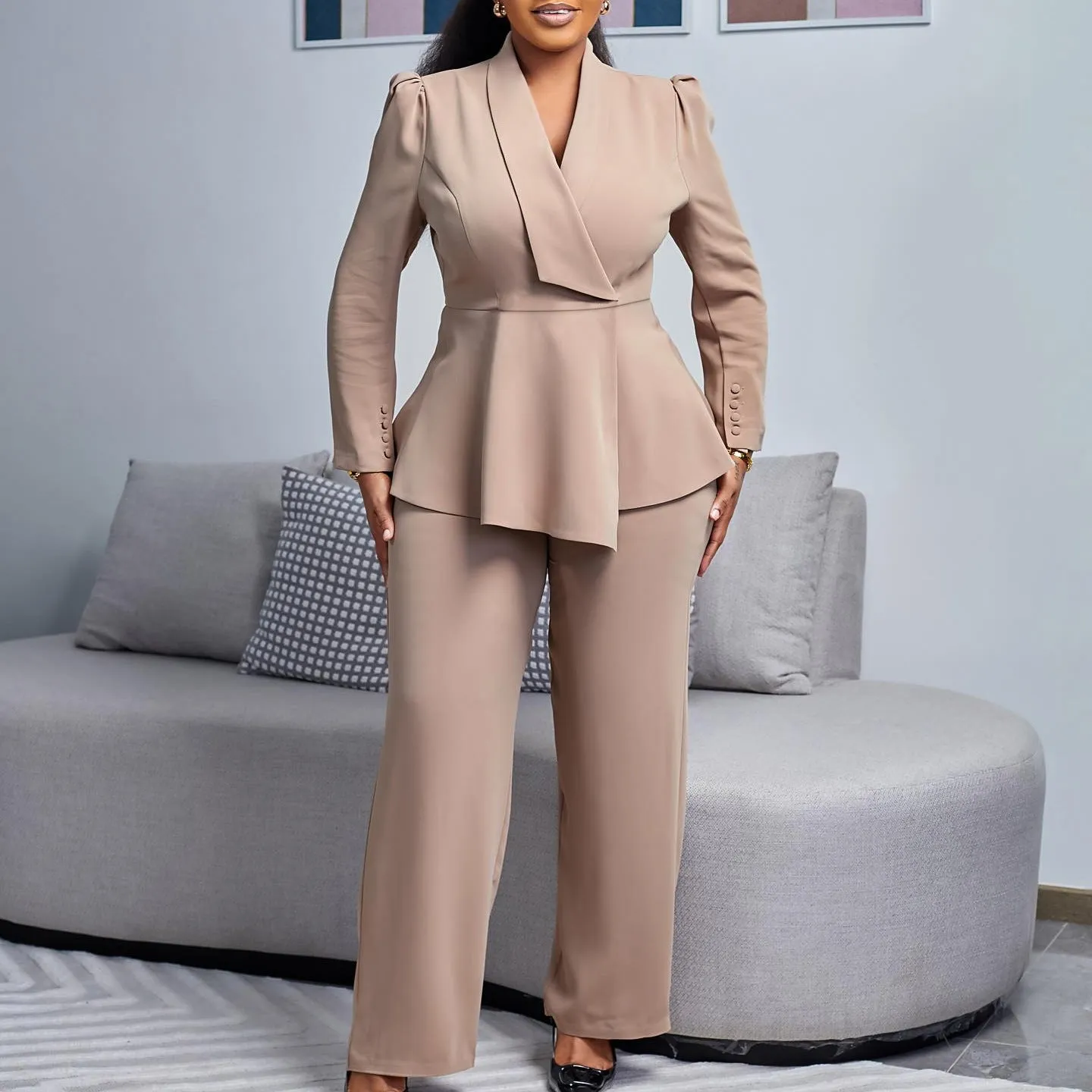 Sophisticated Peplum Blazer and Wide-Leg Pants Two-Piece Set