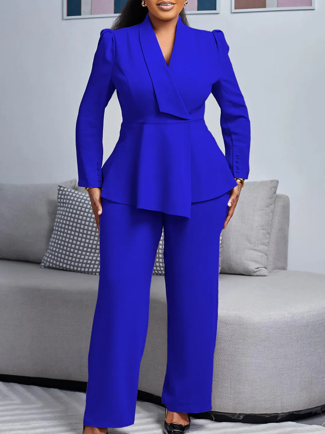 Sophisticated Peplum Blazer and Wide-Leg Pants Two-Piece Set