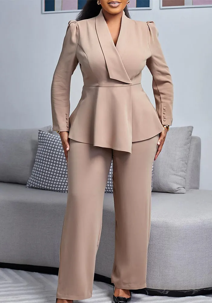 Sophisticated Peplum Blazer and Wide-Leg Pants Two-Piece Set