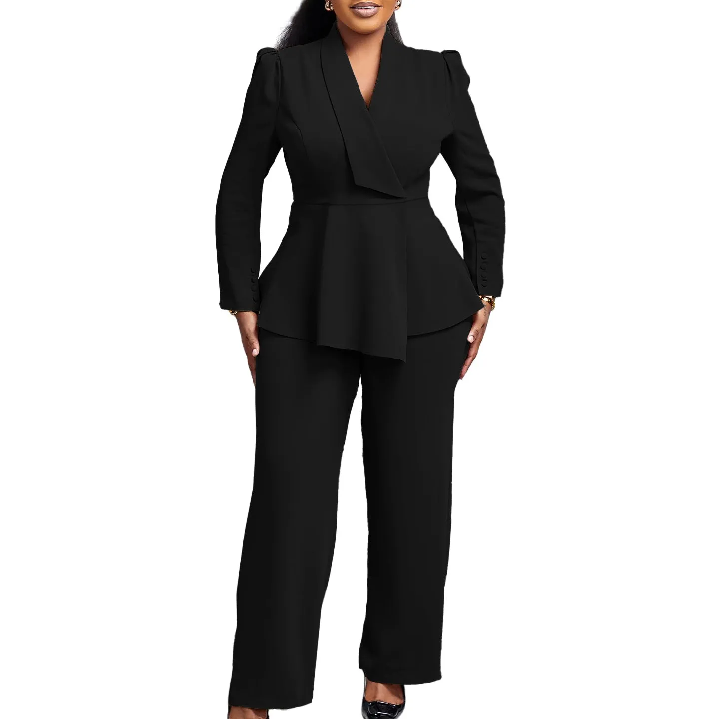 Sophisticated Peplum Blazer and Wide-Leg Pants Two-Piece Set