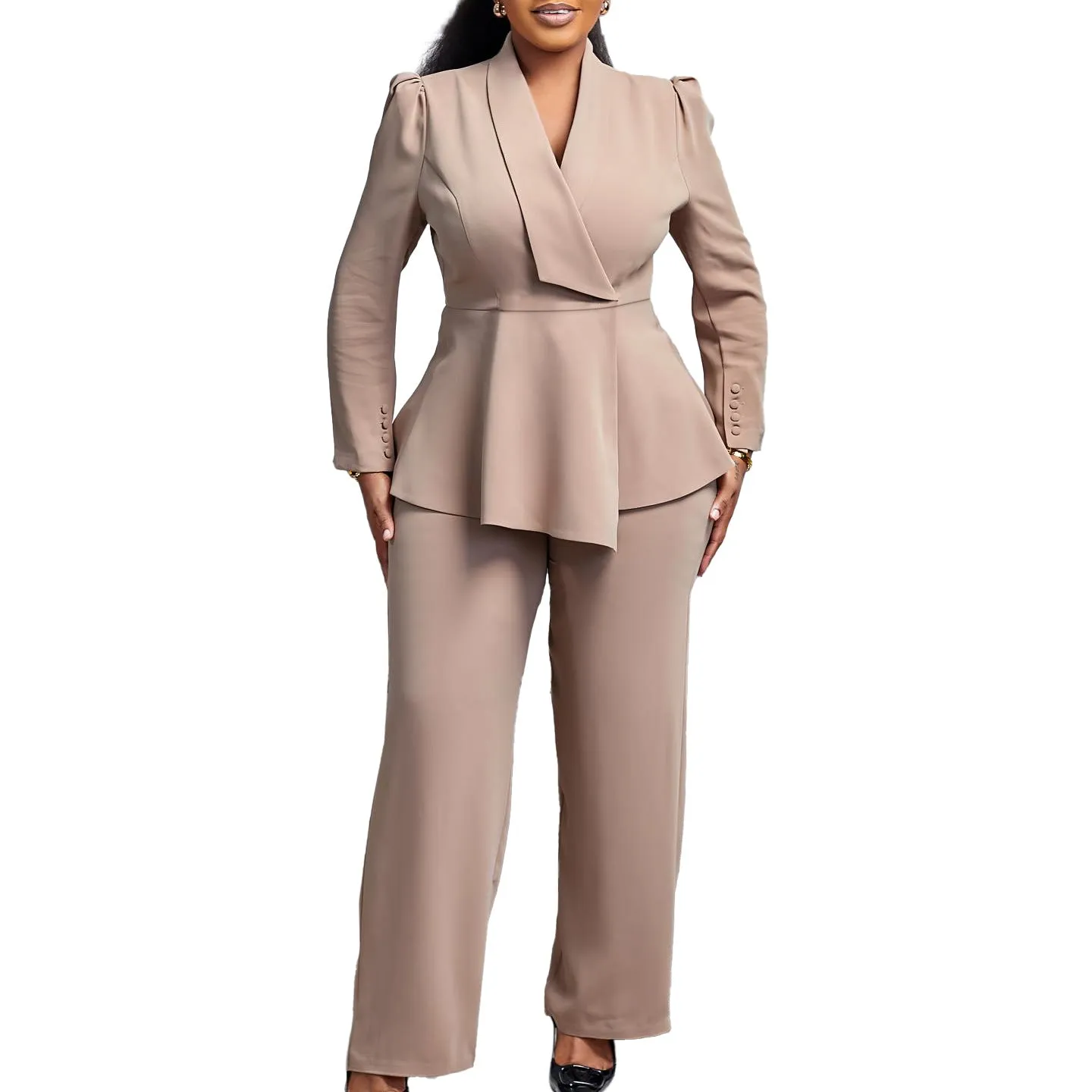 Sophisticated Peplum Blazer and Wide-Leg Pants Two-Piece Set