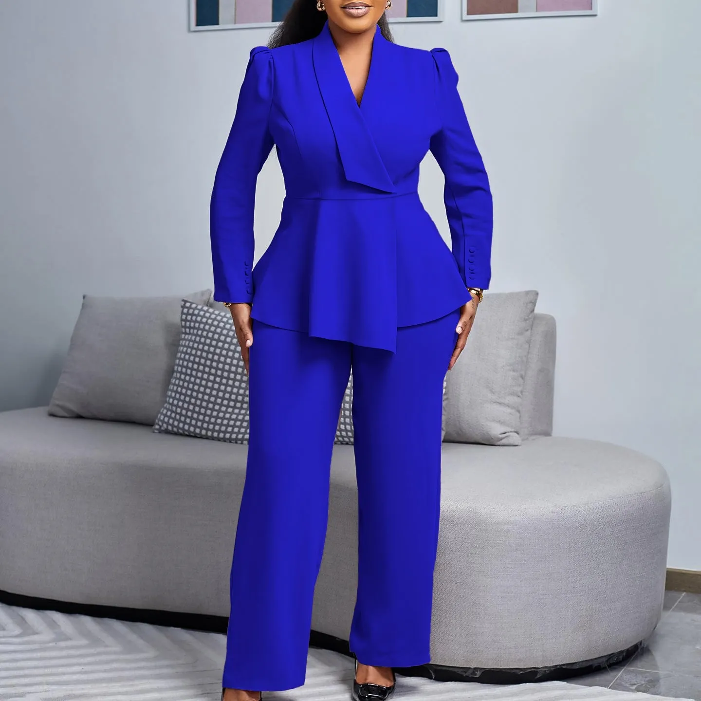 Sophisticated Peplum Blazer and Wide-Leg Pants Two-Piece Set