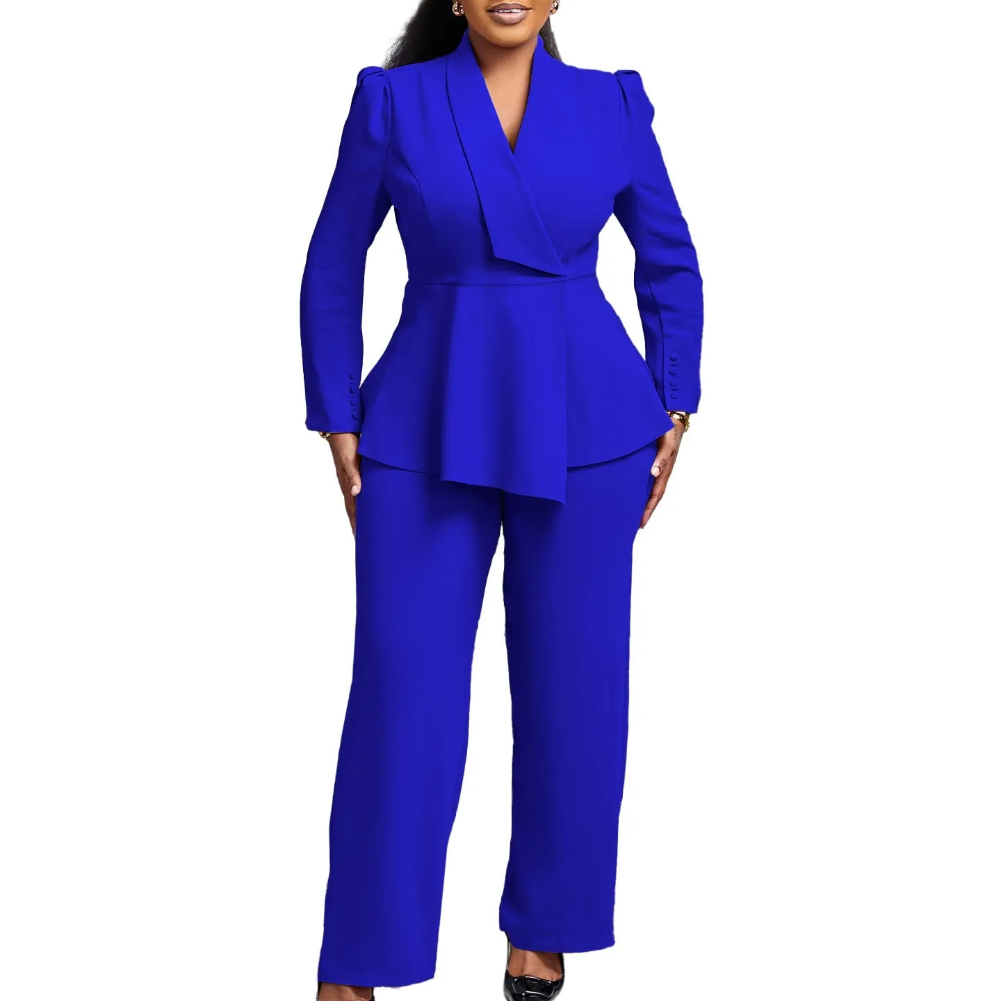 Sophisticated Peplum Blazer and Wide-Leg Pants Two-Piece Set