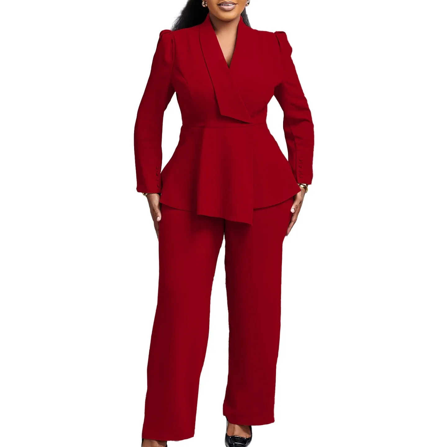 Sophisticated Peplum Blazer and Wide-Leg Pants Two-Piece Set