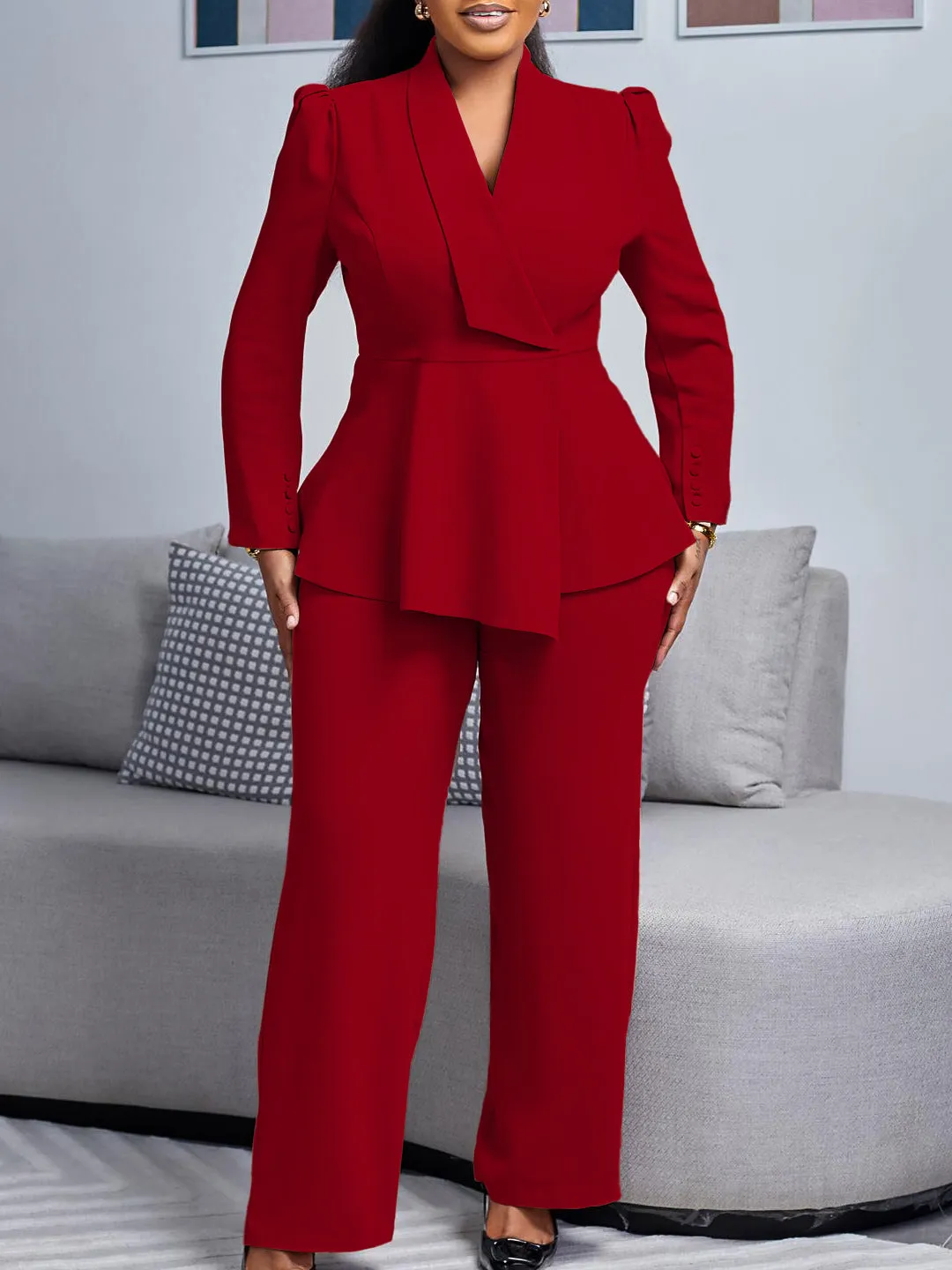 Sophisticated Peplum Blazer and Wide-Leg Pants Two-Piece Set