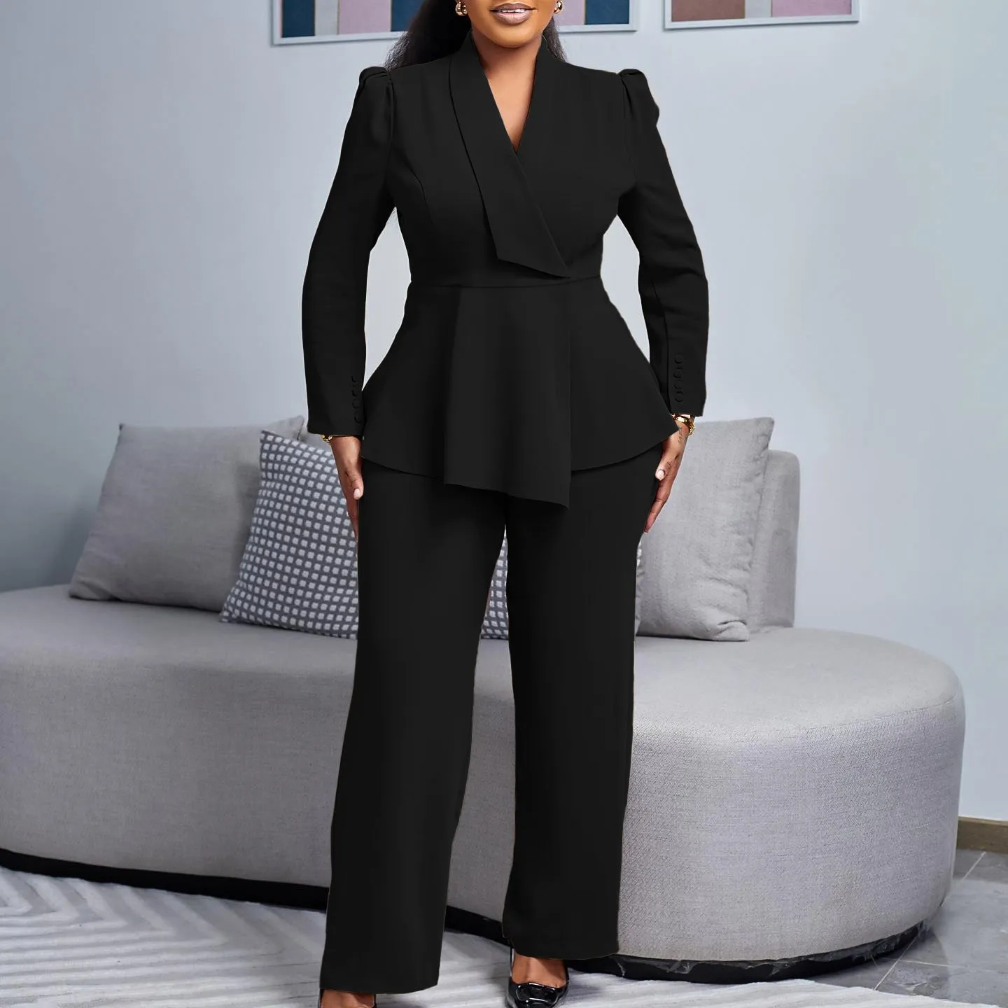 Sophisticated Peplum Blazer and Wide-Leg Pants Two-Piece Set